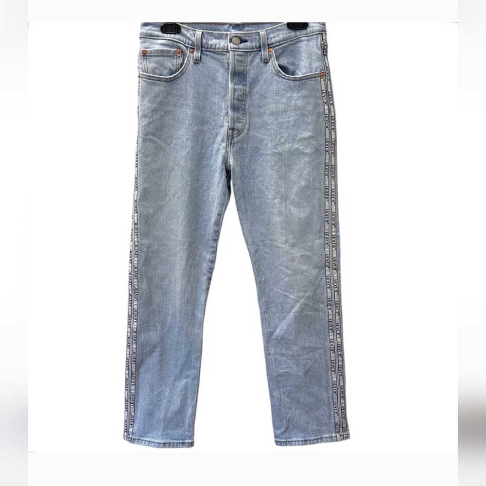 Levi’s Jeans 501 Sport Stripe Cropped Spellout Light Wash Denim Women’s